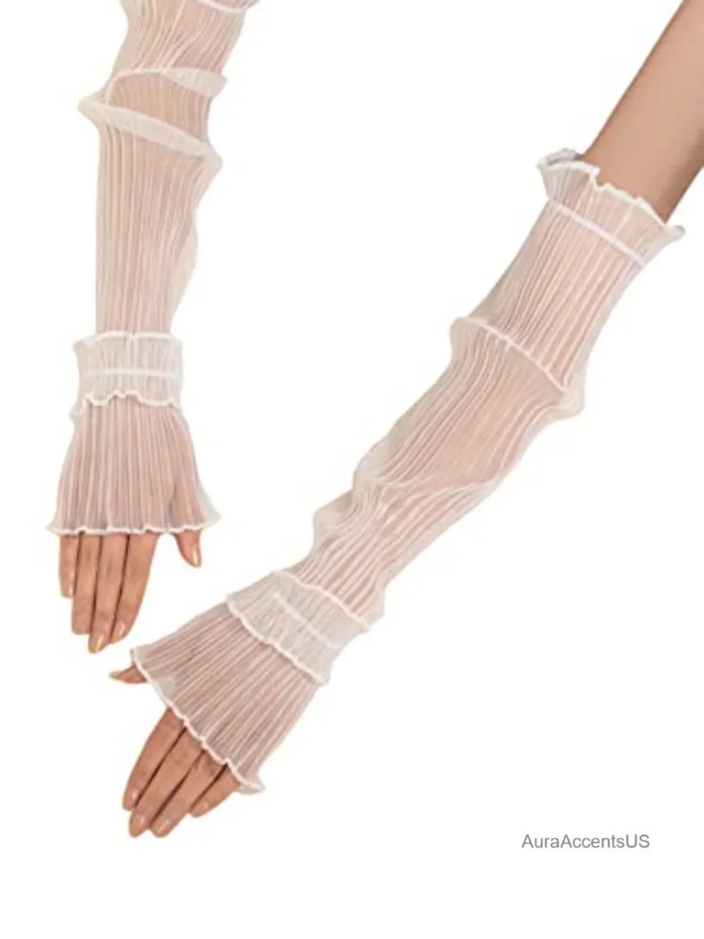 Mesh Sheer Ruched Arm Sleeves Ruffle Hem Fingerless Gloves Costume Accessory
